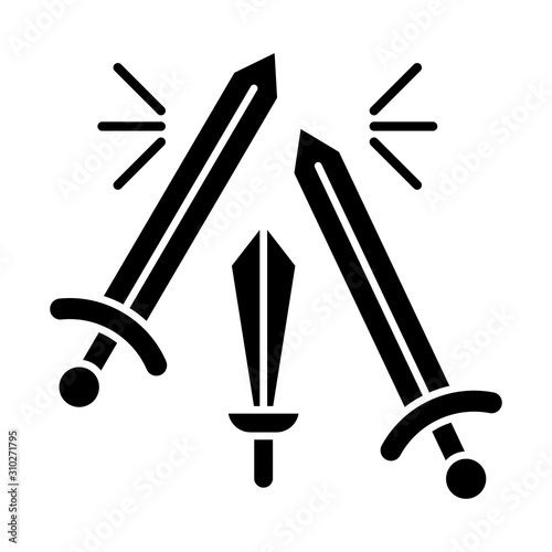 Sword fighting glyph icon. Weapon clashing. Battling and war. Ancient history. Longswords and broadswords. Military competition. Silhouette symbol. Negative space. Vector isolated illustration