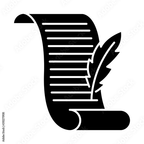 Ancient manuscript glyph icon. Old scroll. Poetry writing. Victorian letter. Antique parchment with quill. Literature. Silhouette symbol. Negative space. Vector isolated illustration