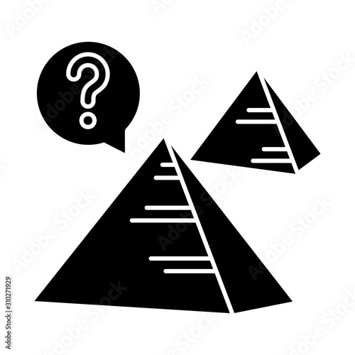 Pyramid mystery glyph icon. Egyptian monument. Historical secrets. Egypt architecture. Ancient tomb. Discover and explore. Archeology. Silhouette symbol. Negative space. Vector isolated illustration