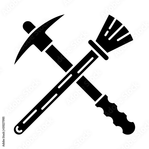 Archeologist tools glyph icon. Restoration. Renovation equipment. Reconstruction of ancient artifact. Exploration. Paleontology. Silhouette symbol. Negative space. Vector isolated illustration