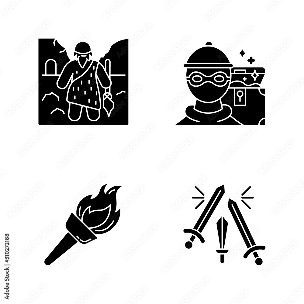 Archeology glyph icons set. Prehistoric man. Caveman. Marauding. Treasure hunt. Flambeau. Flaming torch. Beacon. Sword fight. Weapons clash in battle. Silhouette symbols. Vector isolated illustration
