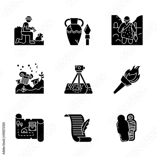 Archeology glyph icons set. Excavation. Archeologist. Ancient artifacts. Caveman. Ruins. Filed survey. Flambeau. Treasure map, manuscript. Mummy. Silhouette symbols. Vector isolated illustration