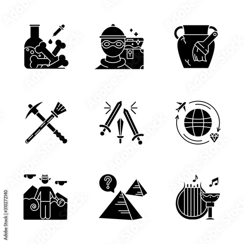 Archeology glyph icons set. Lab research. Marauding. Artifact restoration. Sword fight. Treasure hunt. Researcher. Pyramid mystery. Ancient culture. Silhouette symbols. Vector isolated illustration