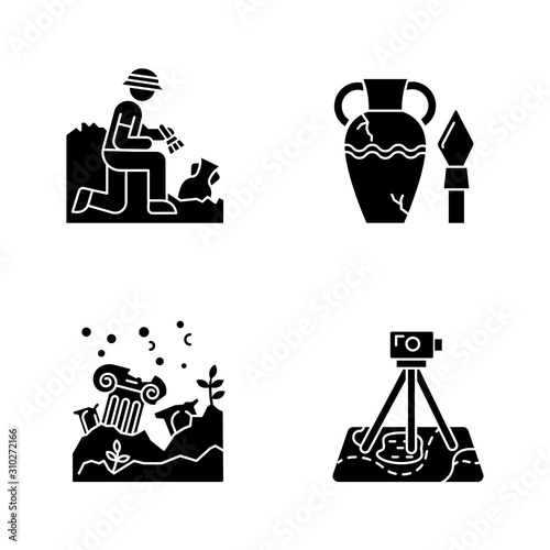 Archeology glyph icons set. Excavation, research. Ancient artifact. Amphora and spear. Lost cities. Column ruins. Field survey. Historic discoveries. Silhouette symbols. Vector isolated illustration