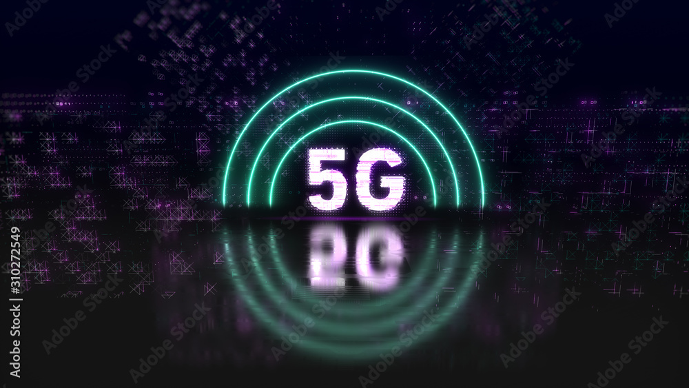 5G cellular network and internet concept symbol. Neon glitch sign 5G cellular network and internet concept symbol. Neon glitch sign