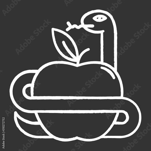 Adam and Eve Bible story chalk icon. Forbidden fruit. Snake and apple. Religious legends. Christian religion, holy book scenes plot. Biblical narratives. Isolated vector chalkboard illustration