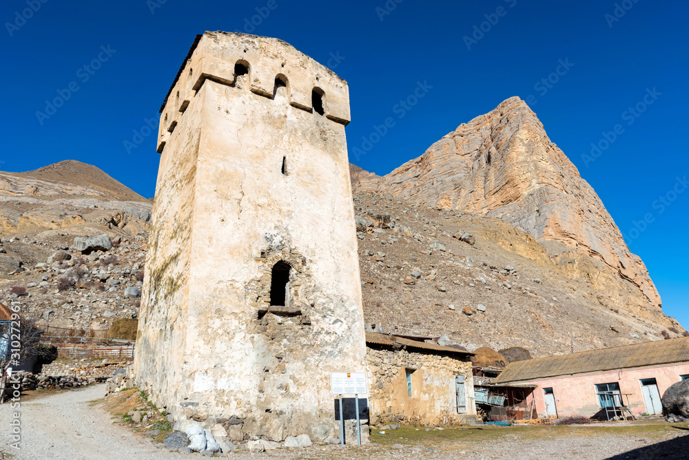 View of medieval tower of Balkarukov's in Northern Caucasus, Russia