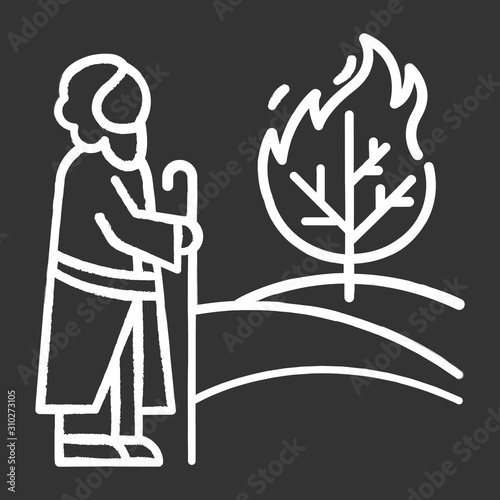 Moses and the burning bush Bible story chalk icon. Prophet and tree in flame. Religious legend. Christian religion, holy book scene plot. Biblical narrative. Isolated vector chalkboard illustration
