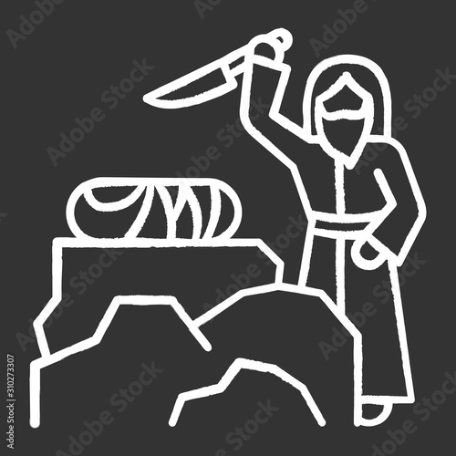 Binding of Isaac chalk icon. Hebrew Bible story. Abraham sacrificing son on Moriah altar. Christian religion, holy book scene plot. Biblical narrative. Isolated vector chalkboard illustration