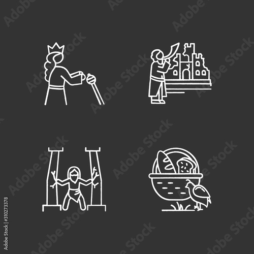 Bible narratives chalk icons set. Samson, manna and quail, The fall of Jericho myths. Religious legends. Christian religion. Biblical stories plot. Isolated vector chalkboard illustrations