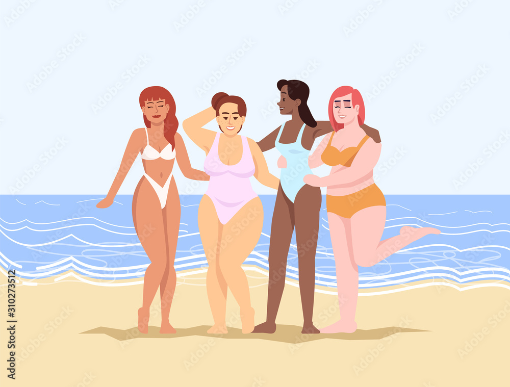 Body positive flat vector illustration. Struggle for equality and feminism. Marine leisure. Smiling ladies of different nationalities on beach of sea. Women dressed in swimsuits cartoon characters