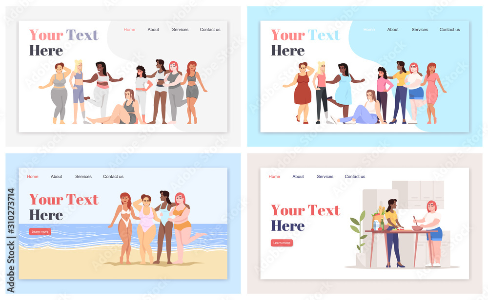 Body positive landing page vector templates set. Marine leisure website interface idea with flat illustrations. Cooking homepage layout. Healthy lifestyle web banner, webpage cartoon concept Body positive landing page vector templates set. Marine leisure website interface idea with flat illustrations. Cooking homepage layout. Healthy lifestyle web banner, webpage cartoon concept