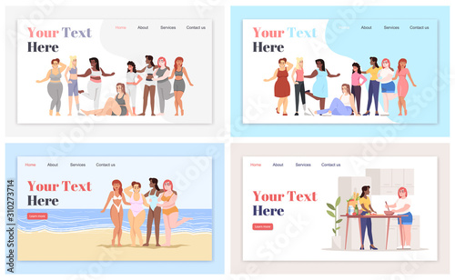 Body positive landing page vector templates set. Marine leisure website interface idea with flat illustrations. Cooking homepage layout. Healthy lifestyle web banner, webpage cartoon concept