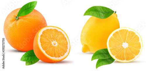 Fresh orange, lemon one cut in half, with leaf