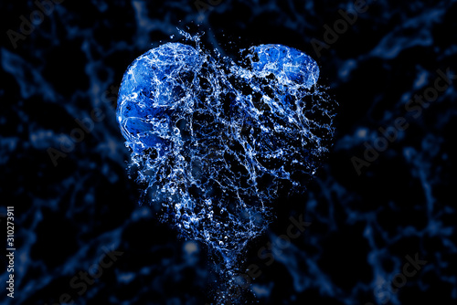 There is heart made of water, which has water drops inside is dark blue background. Happy Valentine's Day