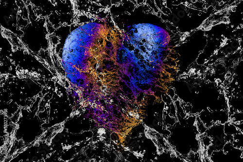 There is heart made of water, which has different colors (blue, orange, violet) water drops inside is on the gray water drops background. Happy Valentine's Day