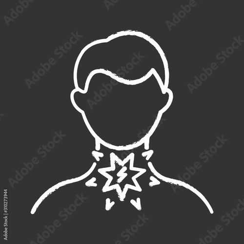 Sore throat chalk icon. Sickness pain. Illness symptome. Common cold. Influenza virus. Grippe disease. Healthcare and medicine. Chronic pain. Fever suffering. Isolated vector chalkboard illustration
