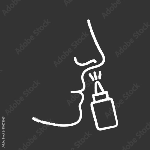 Drip nose chalk icon. Nasal disease. Flu and influenza virus. Common cold. Healthcare. Sickness. Medication in bottle. Disease treatment. Respiratory sprayer. Isolated vector chalkboard illustration