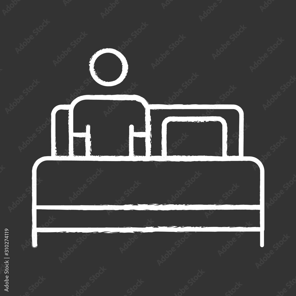 Bed rest chalk icon. Man relaxing under blanket. Common cold aid. Flu infection help. Influenza cure. Healthcare. Leisure and comfort. Person unwell in bedroom. Isolated vector chalkboard illustration Bed rest chalk icon. Man relaxing under blanket. Common cold aid. Flu infection help. Influenza cure. Healthcare. Leisure and comfort. Person unwell in bedroom. Isolated vector chalkboard illustration