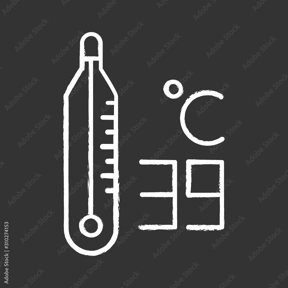 Thermometer chalk icon. High temperature. 39 degree Celcius. Body heat. Medical device. Common cold symptom. Illness and sickness. Influenza virus. Flu, grippe. Isolated vector chalkboard illustration Thermometer chalk icon. High temperature. 39 degree Celcius. Body heat. Medical device. Common cold symptom. Illness and sickness. Influenza virus. Flu, grippe. Isolated vector chalkboard illustration