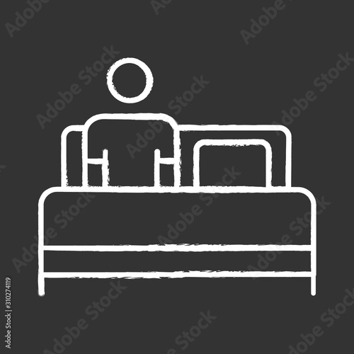 Bed rest chalk icon. Man relaxing under blanket. Common cold aid. Flu infection help. Influenza cure. Healthcare. Leisure and comfort. Person unwell in bedroom. Isolated vector chalkboard illustration