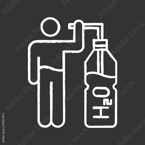 Drink water chalk icon. Clear liquid in bottle with straw. Fluid for hydration. Healthcare and skincare. Common cold aid. H2O for moisturizing. Mineral water. Isolated vector chalkboard illustration
