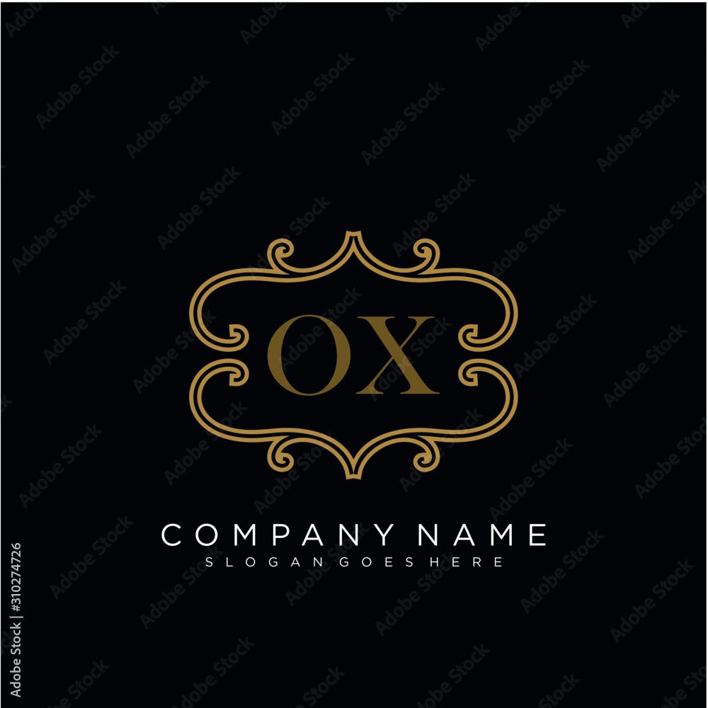 Initial letter OX logo luxury vector mark, gold color elegant classical 
