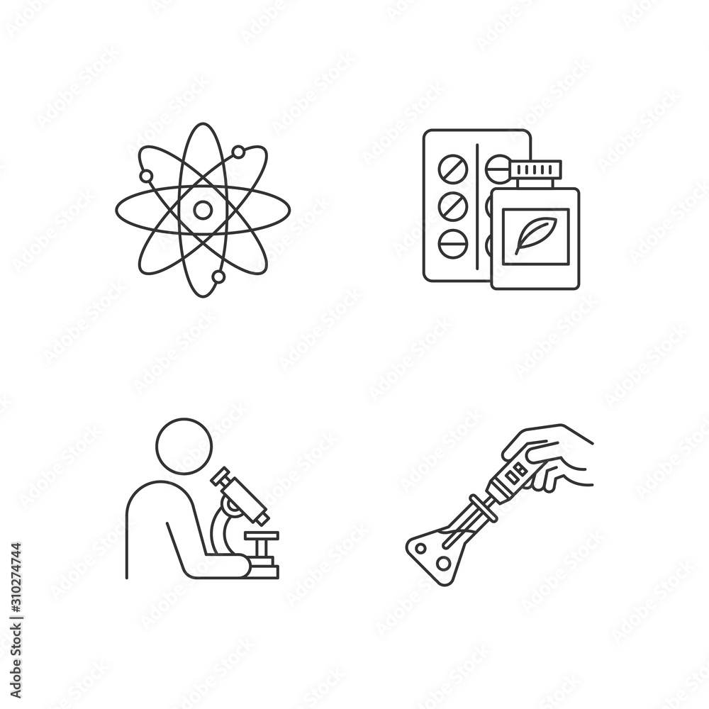 Science development linear icons set. Biotechnology products. Work in