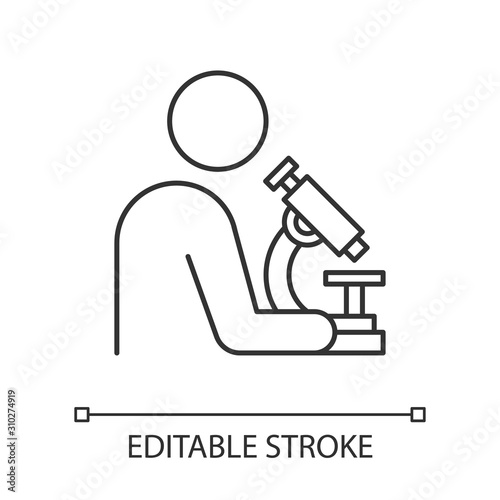 Man with microscope linear icon. Scientist at work. Organic chemistry. Laboratory research, experiments. Thin line illustration. Contour symbol. Vector isolated outline drawing. Editable stroke