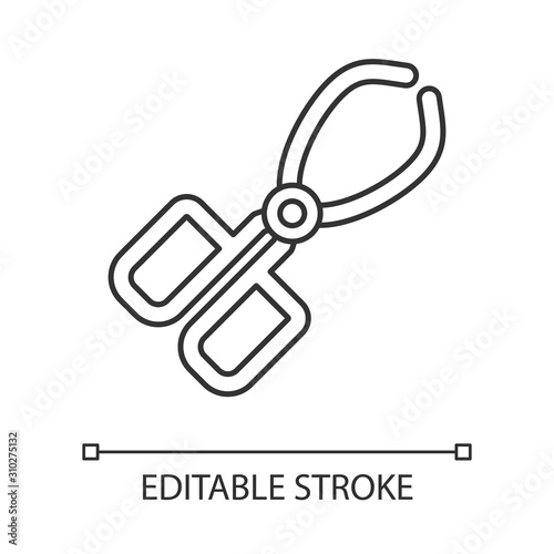 Crucible tongs linear icon. Surgeon equipment. Stainless steel instrument. Beaker pliers. Forceps clamp. Thin line illustration. Contour symbol. Vector isolated outline drawing. Editable stroke