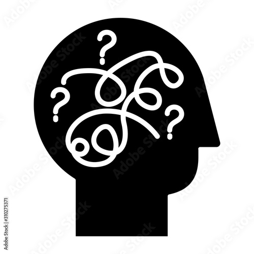 Puzzled mind glyph icon. Mental exercise. Intelligence test. Critical thinking. Brain teaser. Logic questions. Solution finding. Silhouette symbol. Negative space. Vector isolated illustration