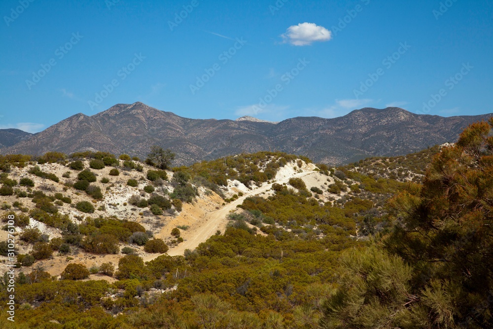Dirt road with background view of desert mountains