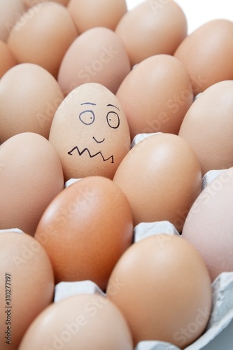 Funny face drawn on an egg surrounded by plain brown eggs in carton