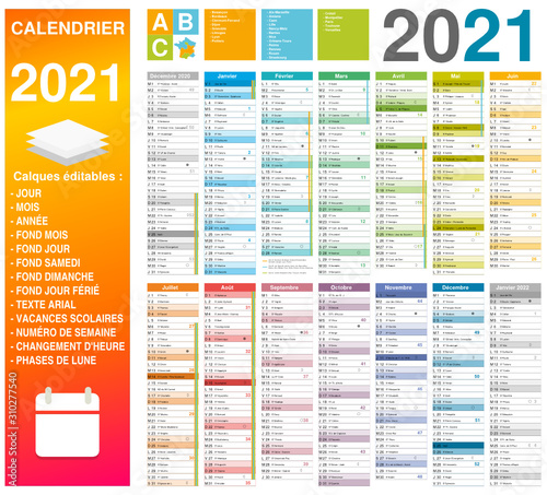 Calendrier 2021 sur 14 mois multicaque - modifiable - texte arial	