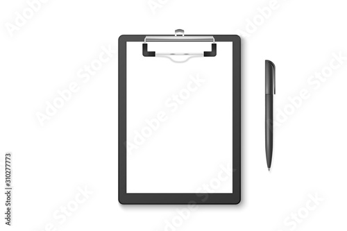 Vector 3d Realistic Black Clipboard with Blank Paper, Metal Clip, Automatic Pen Set Closeup Isolated on White Background. Design Template for Notes, Mockup, Checklist, Questionnaire, Reminders