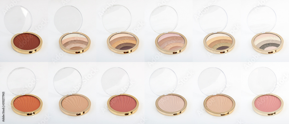 big set of Face Cosmetic Makeup Powder blusher and eyeshadow in gold Round Plastic Case on White Background