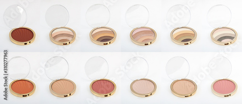 big set of Face Cosmetic Makeup Powder blusher and eyeshadow in gold Round Plastic Case on White Background
