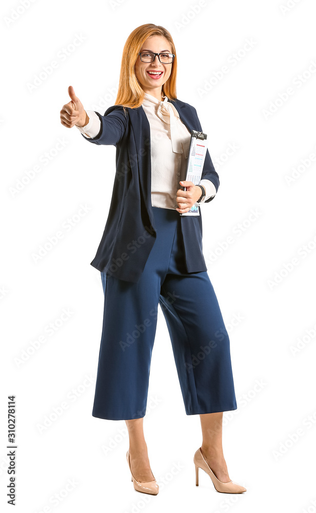 Portrait of beautiful businesswoman showing thumb-up gesture on white background Portrait of beautiful businesswoman showing thumb-up gesture on white background