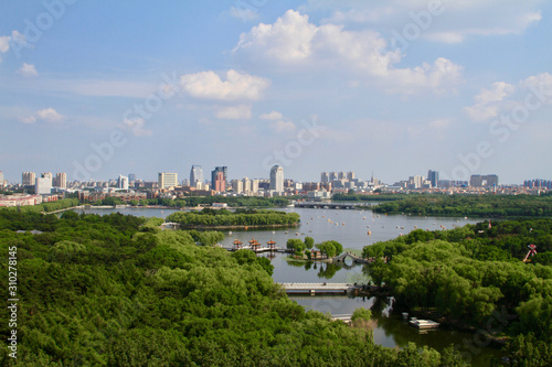Chinese city Changchun Skyline, grant park in a city, Nanhu park