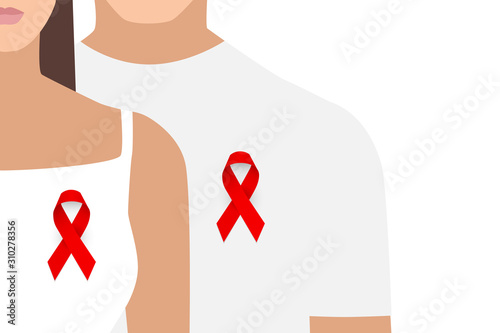 Man and woman with red ribbons. World AIDS day. Vector illustration in flat style