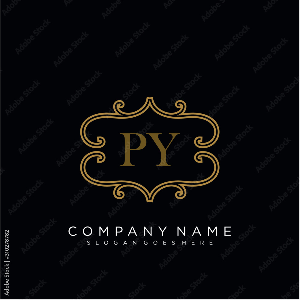 Initial letter PY logo luxury vector mark, gold color elegant classical 