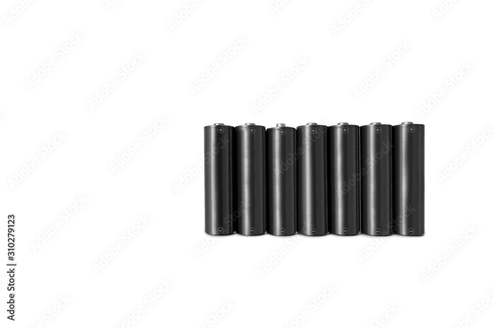 Close-up of black batteries over white background