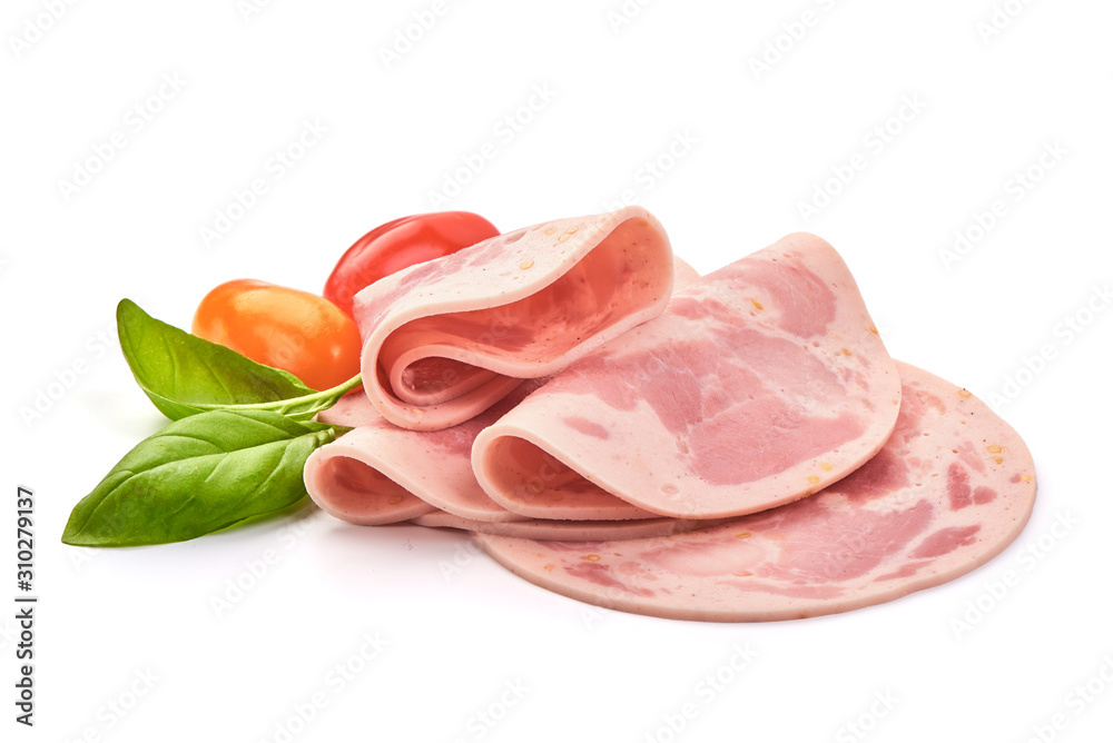 Thinly Sliced Ham, boiled sausage, isolated on white background Thinly Sliced Ham, boiled sausage, isolated on white background