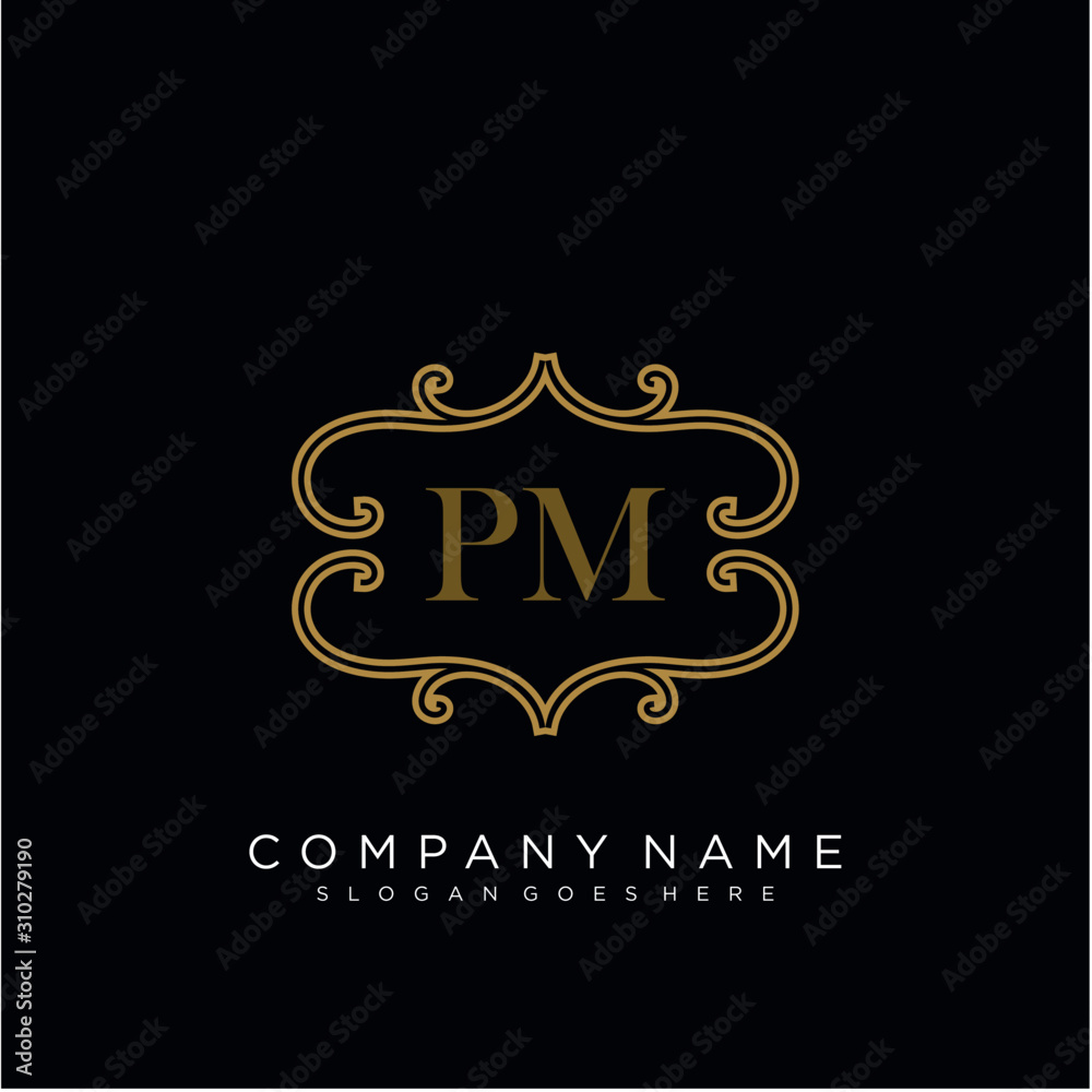 Initial letter PM logo luxury vector mark, gold color elegant classical Initial letter PM logo luxury vector mark, gold color elegant classical