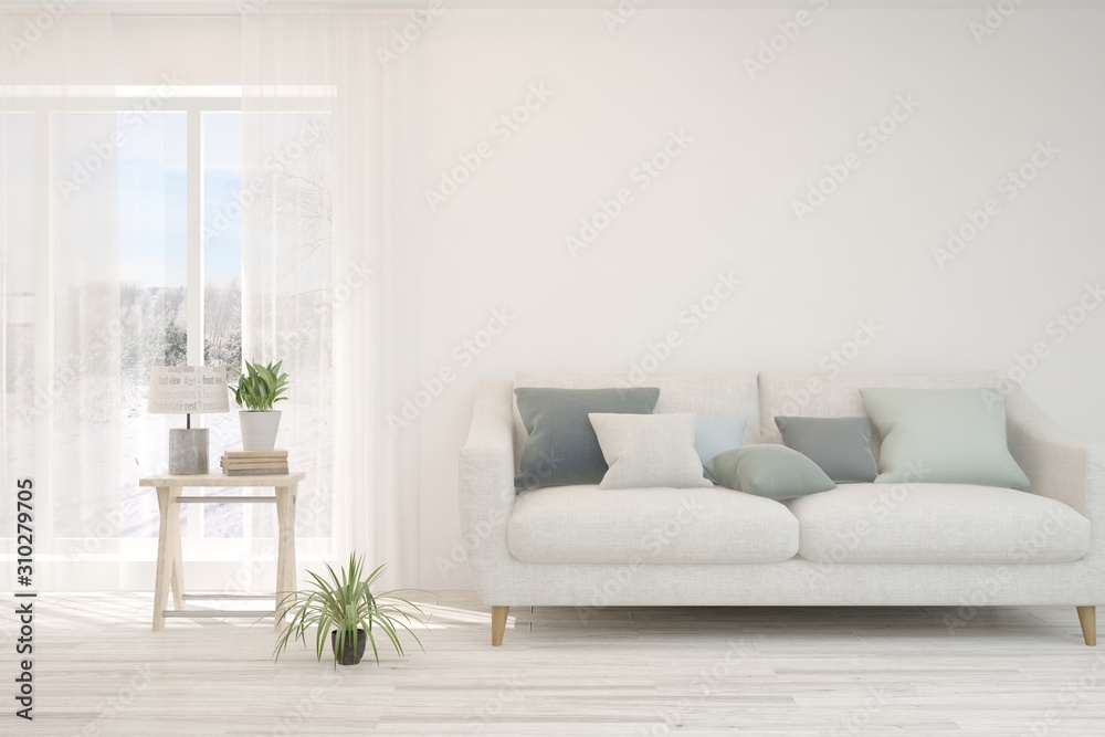 Stylish room in white color with sofa. Scandinavian interior design. 3D illustration Stylish room in white color with sofa. Scandinavian interior design. 3D illustration