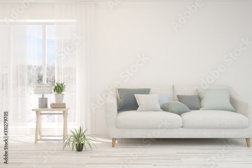 Stylish room in white color with sofa. Scandinavian interior design. 3D illustration