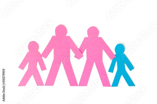 Row of paper stick figures holding hands over white background