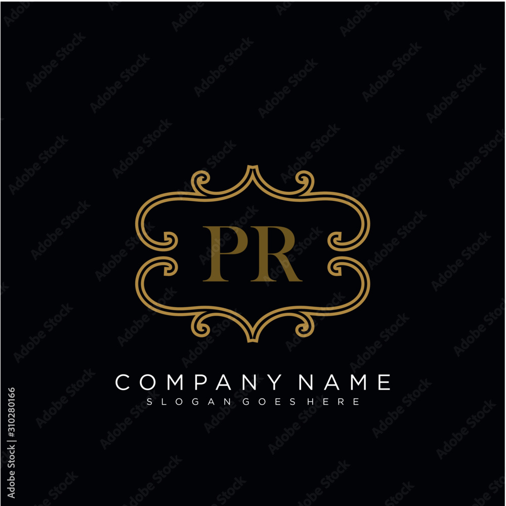 Initial letter PR logo luxury vector mark, gold color elegant classical 