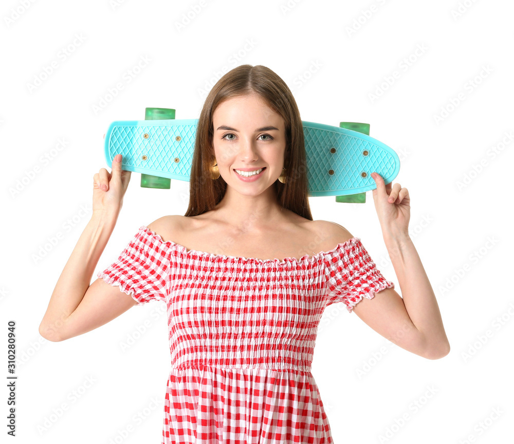 Stylish hipster girl with skateboard on white background Stylish hipster girl with skateboard on white background