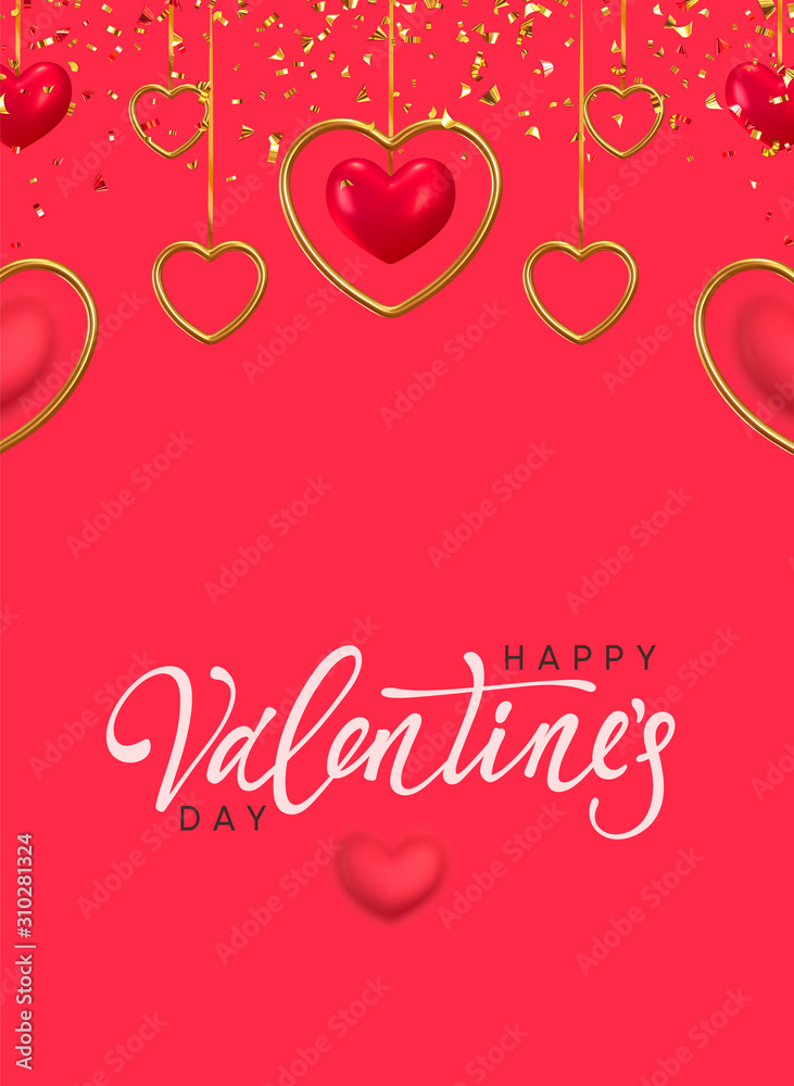 Happy Valentine's Day. Background with realistic metallic gold and pink hearts hanging on ribbon, falling glitter confetti. Greeting card, gift poster, holiday banner.
